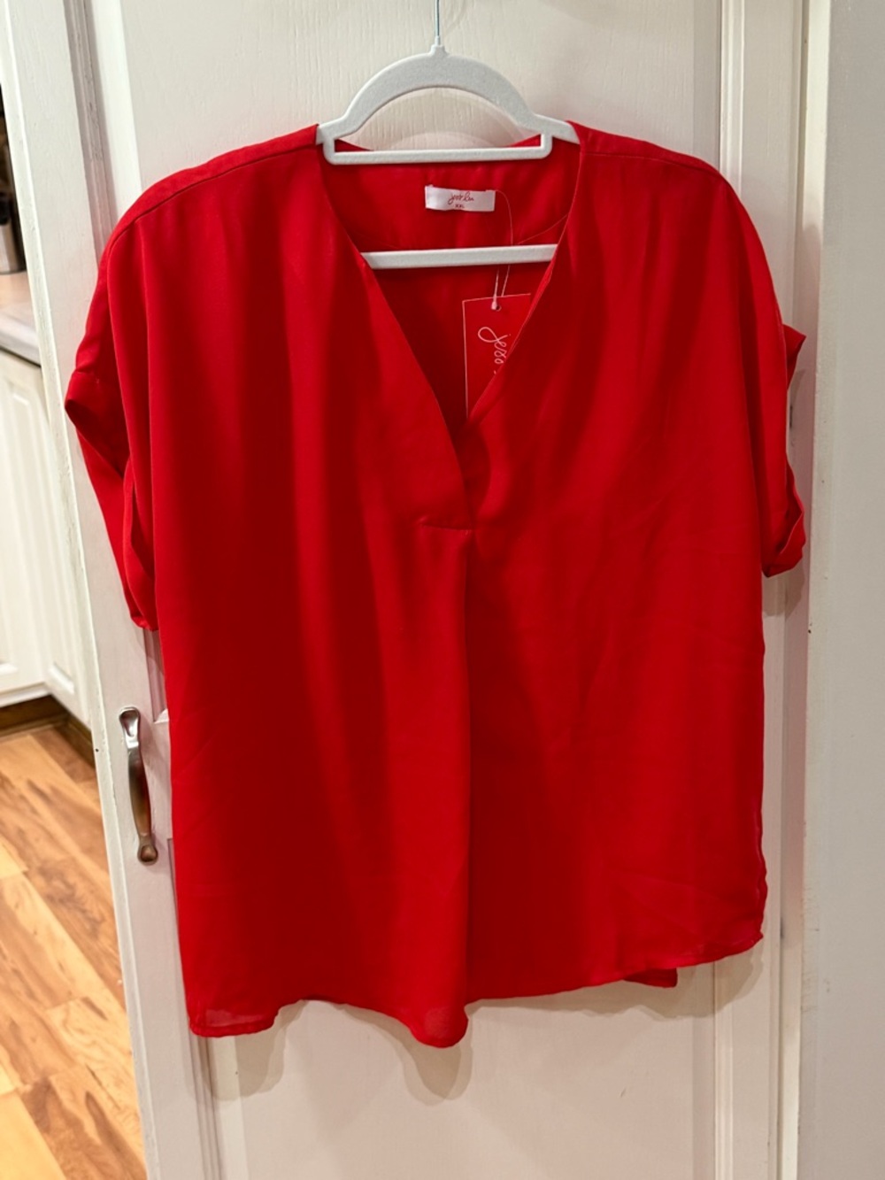 Bright Red V-Neck Short-Sleeve Blouse